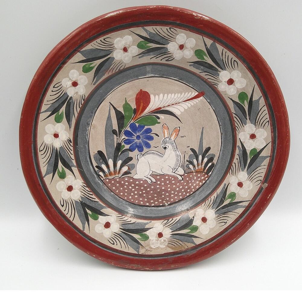Mexican Tonala Folk Art Tottery Wall Plate Hand Painted Rabbit 9" Vintage